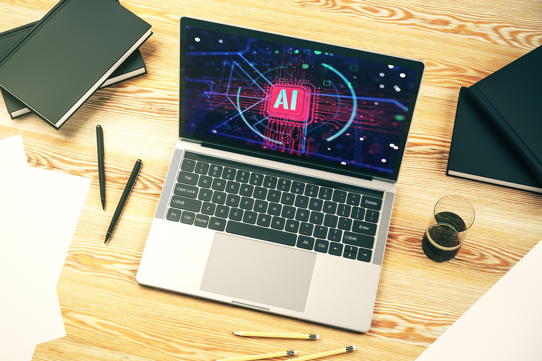 Open laptop with AI software enhancing SEO results.