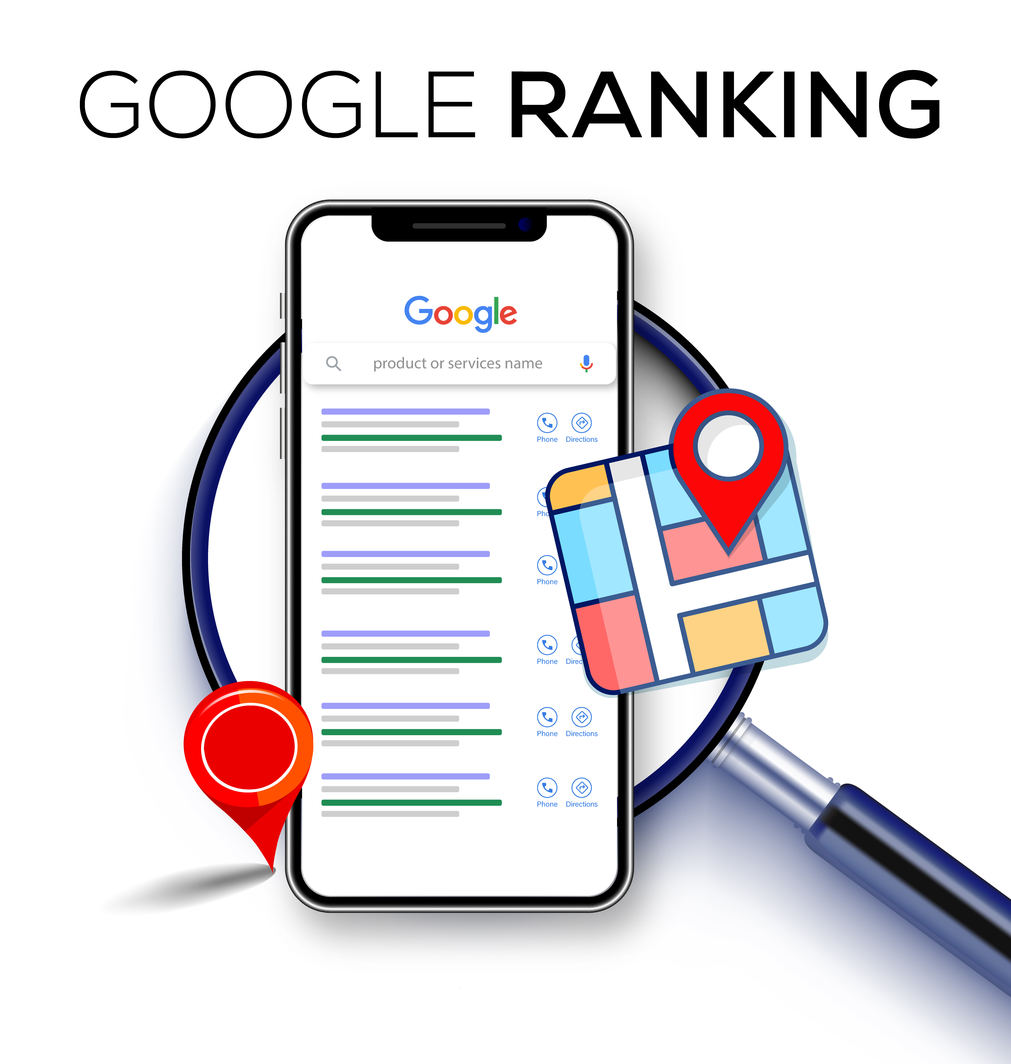 A smartphone screen shows Google search results with colorful map pins in green, blue, and red.