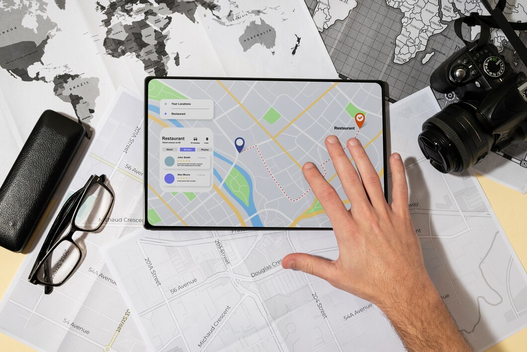 A tablet rests on a desk, displaying a GPS map with markers, surrounded by scattered paper maps.