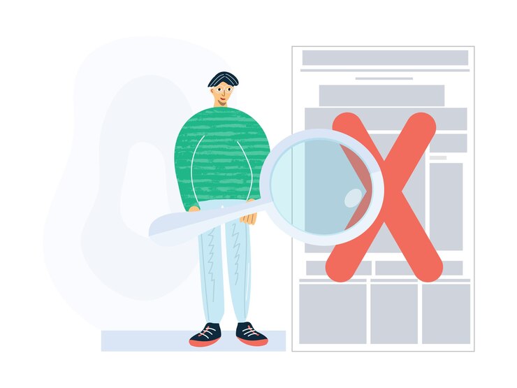 Illustration of a man with a magnifying glass fact-checking false information online.