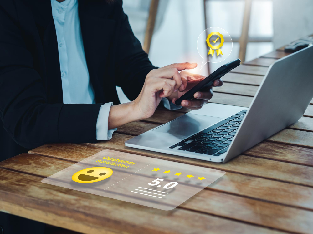 Businessman using a smartphone to check online customer satisfaction ratings and feedback.