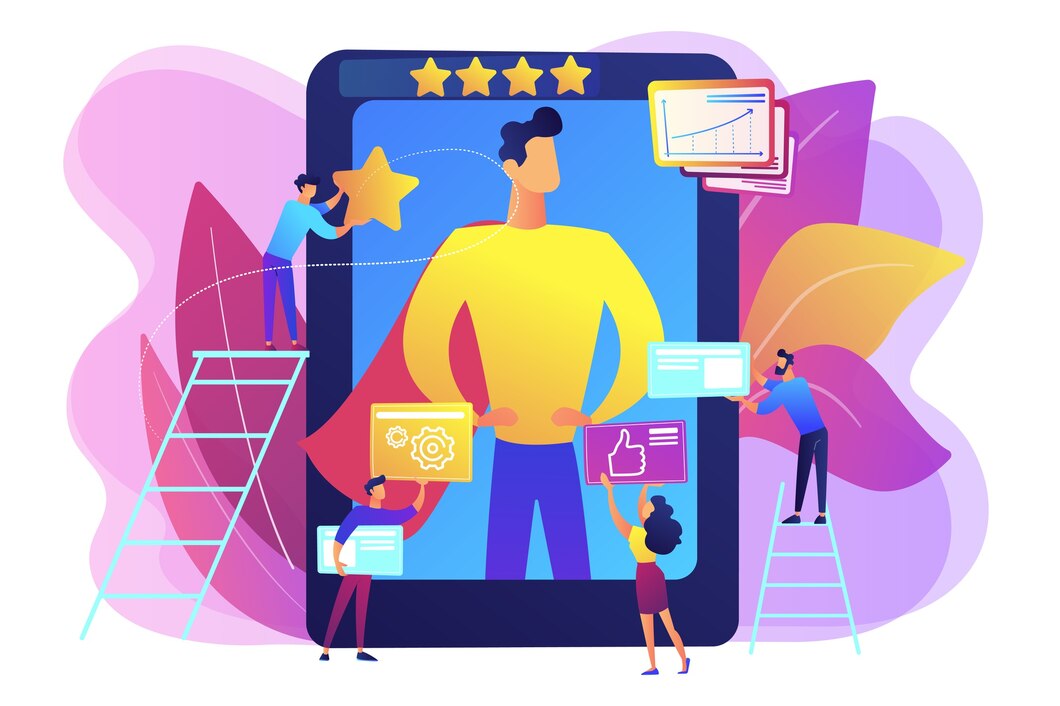 Concept art of a team improving a user’s online presence with ratings, reviews, and insights.